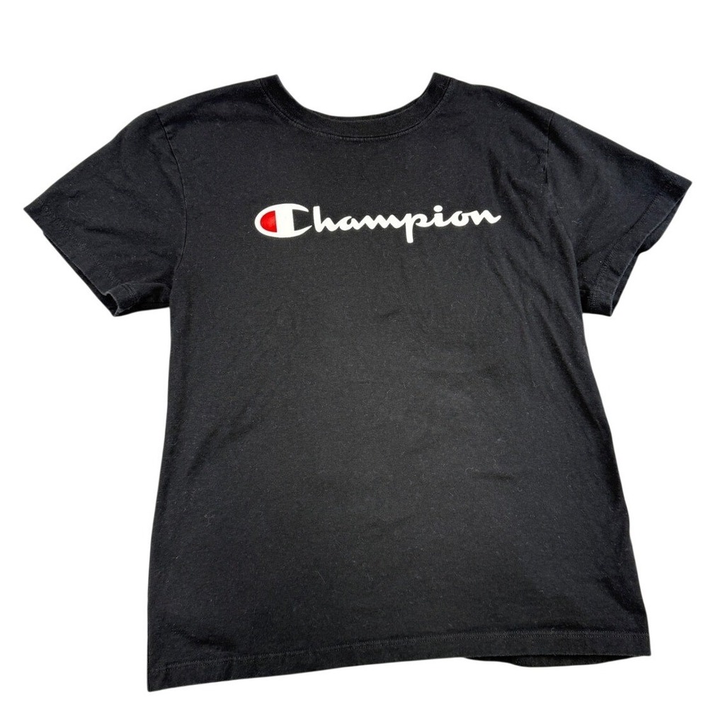 Champion Womens Black Graphic Script Logo Short Sleeve T-Shirt GT18H Small - Picture 1 of 6